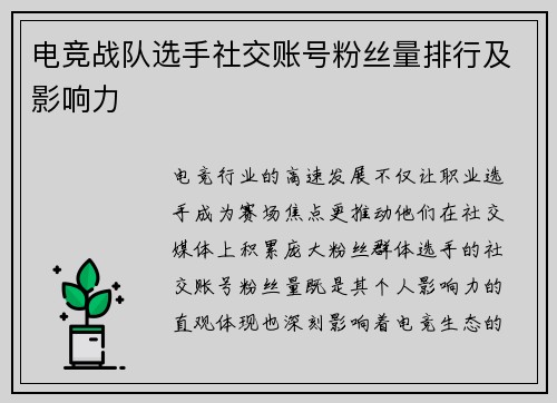 电竞战队选手社交账号粉丝量排行及影响力